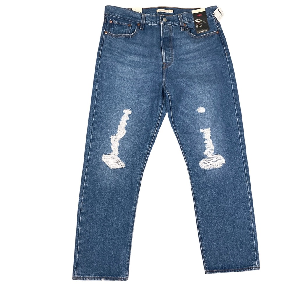 Levi's Wedgie Jeans Womens 32 Blue Distressed High‎ Rise Button Fly Straight